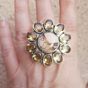 New Oversized Brecciated Mookaite & Citrine 925 Silver Statement Ring.